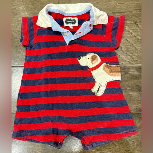 Mudpie Blue/Red Stripe Cotton Knit Puppy Dog Appliqué Short Romper 6-9Mos - Picture 1 of 5